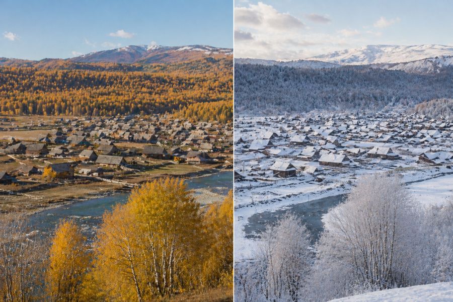 Baihaba Village autumn and winter scenery comparison showing best time to visit Baihaba Village autumn and winter scenery comparison showing best time to visit