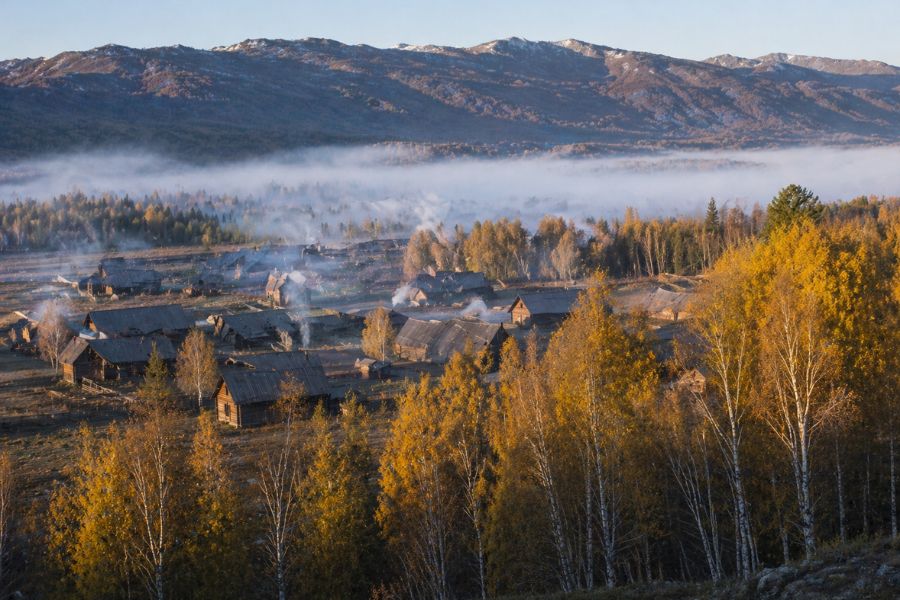 Baihaba Village in Xinjiang with wooden houses and birch forest in early morning light Baihaba Village in Xinjiang with wooden houses and birch forest in early morning light