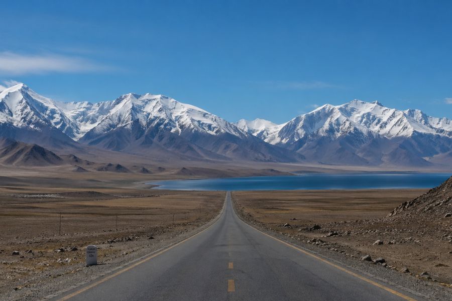 Karakoram Highway road to Karakul Lake with mountains and long-distance travel scenery