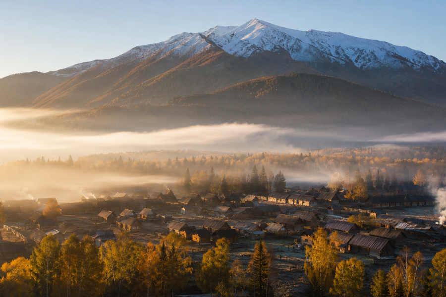Hemu Tuva Village morning fog and wooden houses in northern Xinjiang