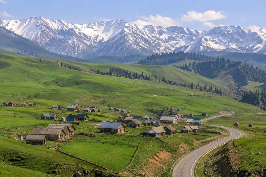 Qiongkushitai Village alpine grassland and Kazakh wooden houses in Xinjiang
