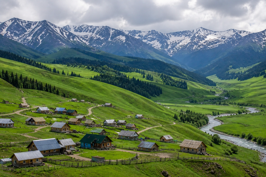 Early summer scenery in Qiongkushitai Village with snow mountains and grasslands
