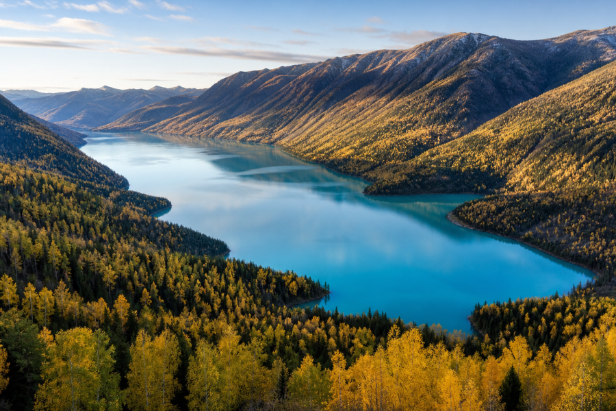 Kanas Lake scenic view with autumn forest in northern Xinjiang Kanas Lake scenic view with autumn forest in northern Xinjiang