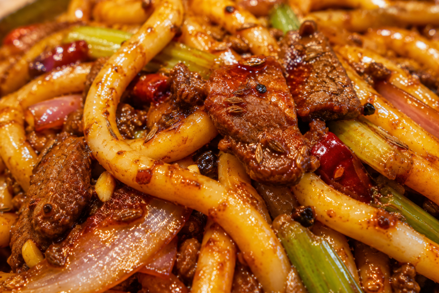 close-up texture of Xinjiang Chao Mifen thick rice noodles with rich chili sauce