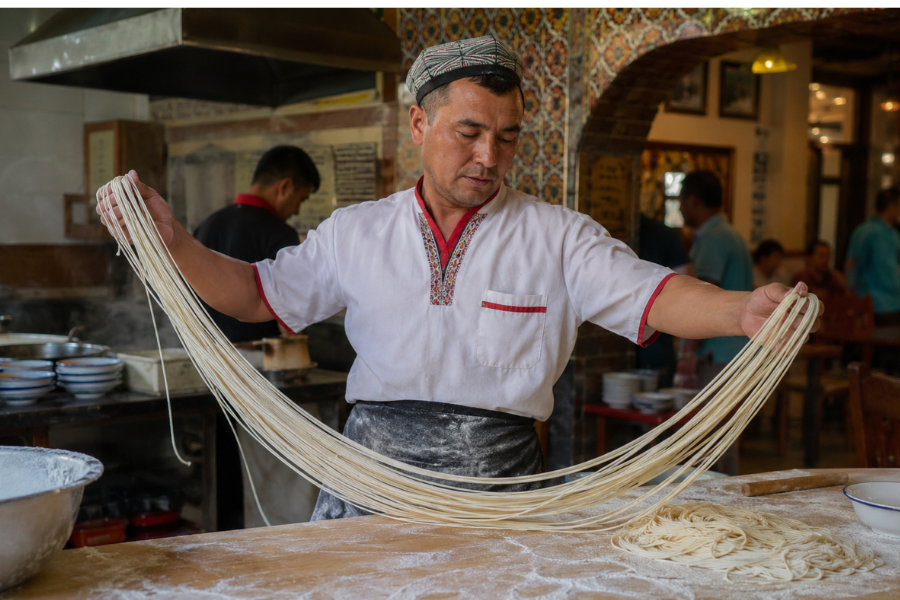 Fresh hand-pulled Xinjiang mixed noodles being prepared in a local Uyghur noodle shop