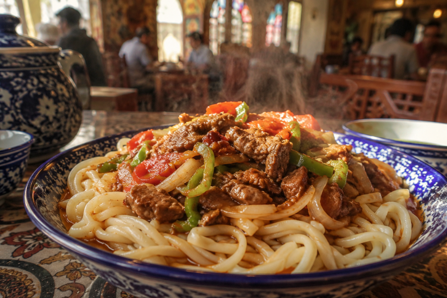 Xinjiang mixed noodles with hand-pulled laghman noodles and beef stir-fry in a traditional Xinjiang restaurant