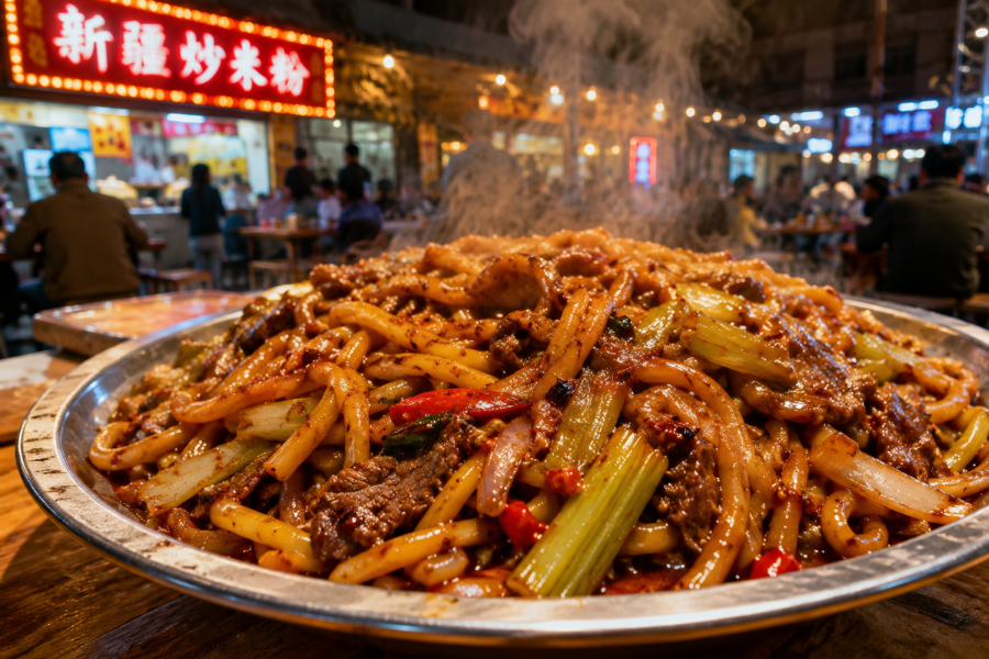 Xinjiang stir-fried rice noodles with thick chili sauce and chewy rice noodles at a Xinjiang night market