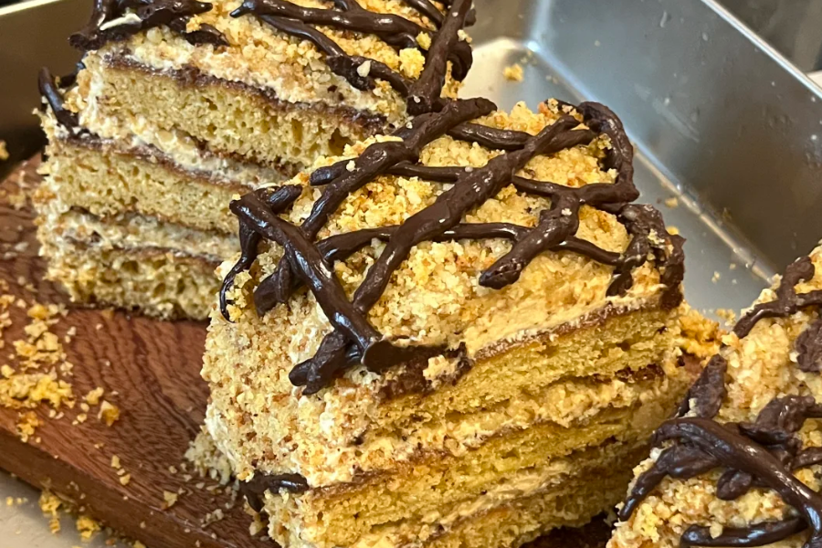 Russian-style cakes in Xinjiang bakery with layered honey cake and Napoleon pastry
