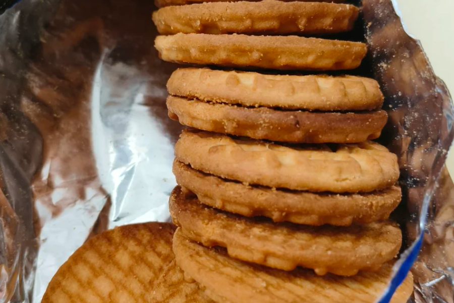 Close-up texture of milk cookies showing soft crumb and dairy-rich interior