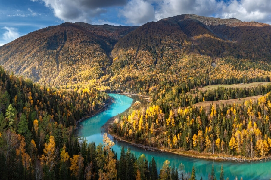 Xinjiang Silk Road desert oasis with Populus euphratica forests and mountains, popular tourist destination