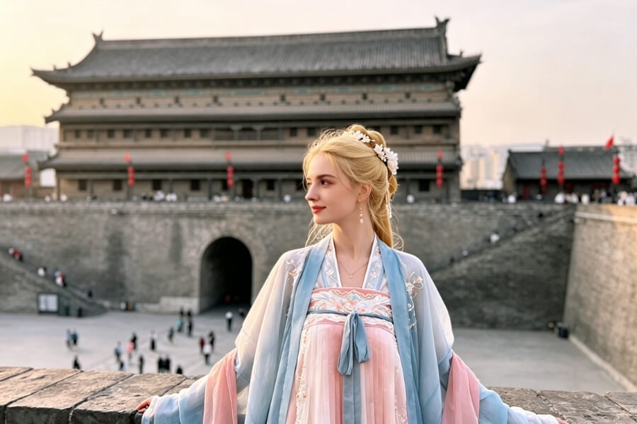 Woman wearing traditional Hanfu in Xi'an for cultural photography during a festival