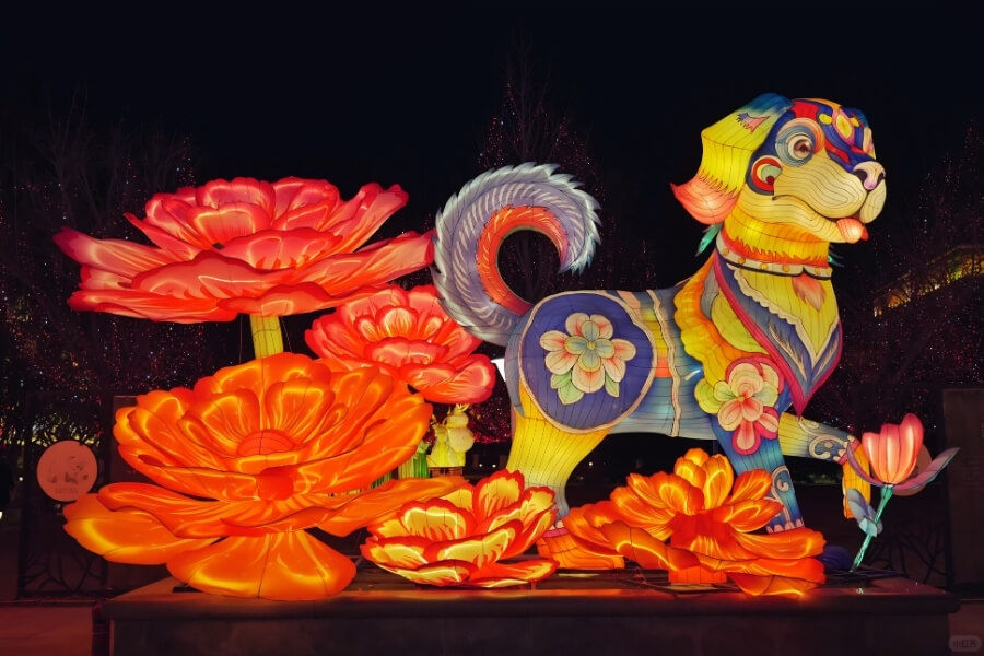 travelers experiencing Year of the Dog zodiac culture at a Chinese temple fair travelers experiencing Year of the Dog zodiac culture at a Chinese temple fair