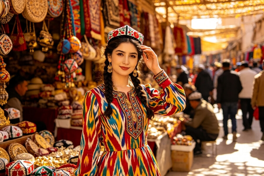 Uyghur woman wearing traditional ethnic clothing at Kashgar market during festival