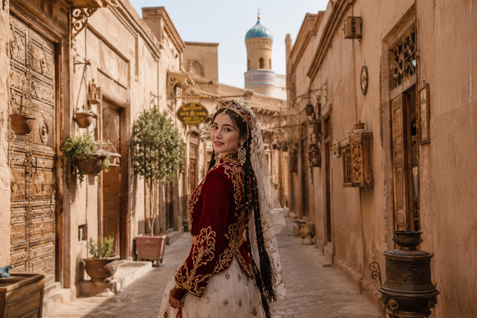Kashgar traditional costume photo shoot inside Kashgar Old City with Uyghur-style clothing and Silk Road architecture